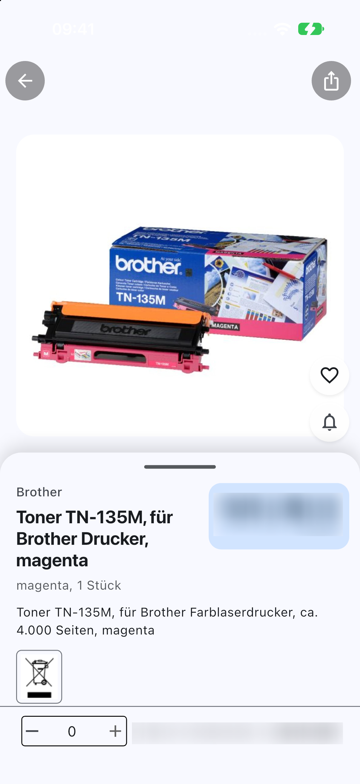 Artikeldetail Toner mit Produktnummer und Sicherheitshinweis
