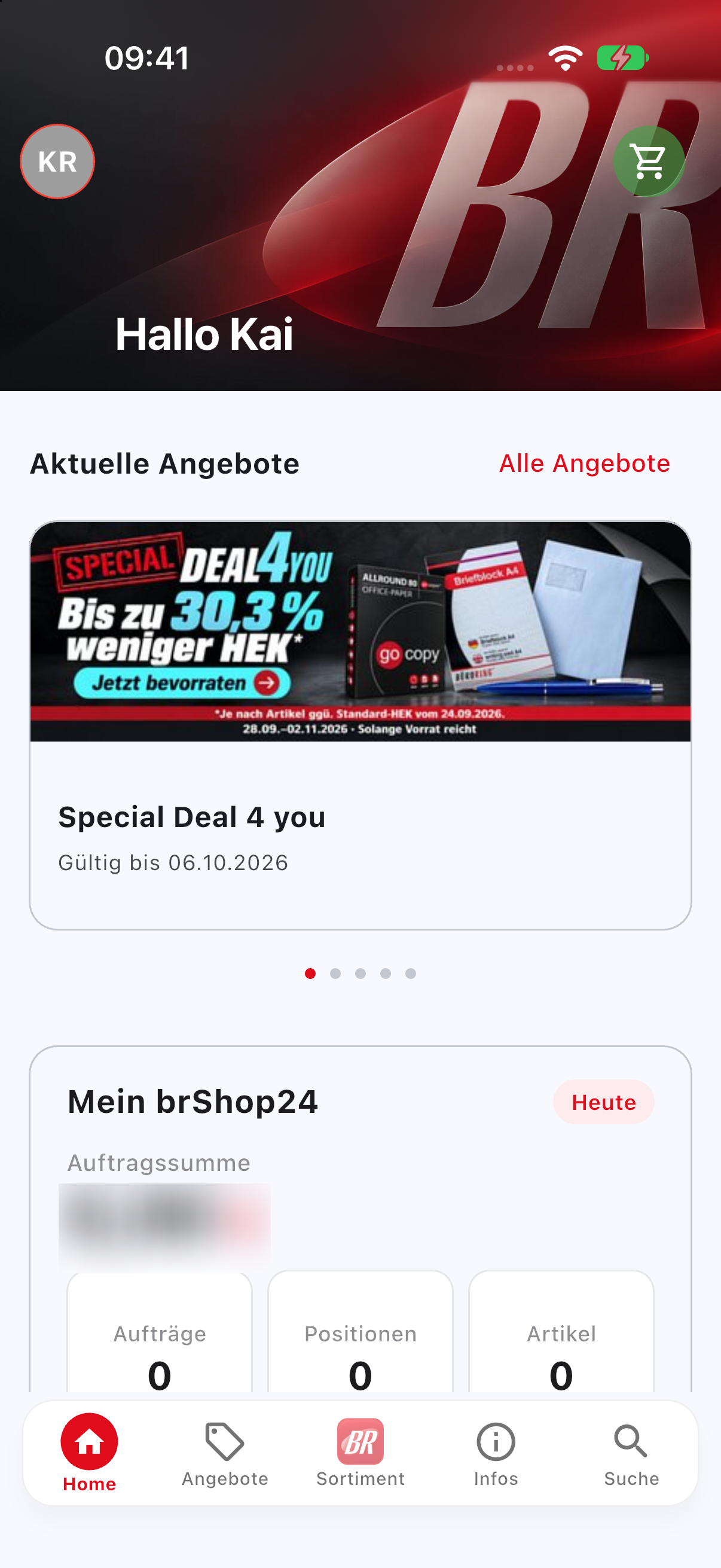 Dashboard mit großem Aktionsbanner und verschiebbaren Karten