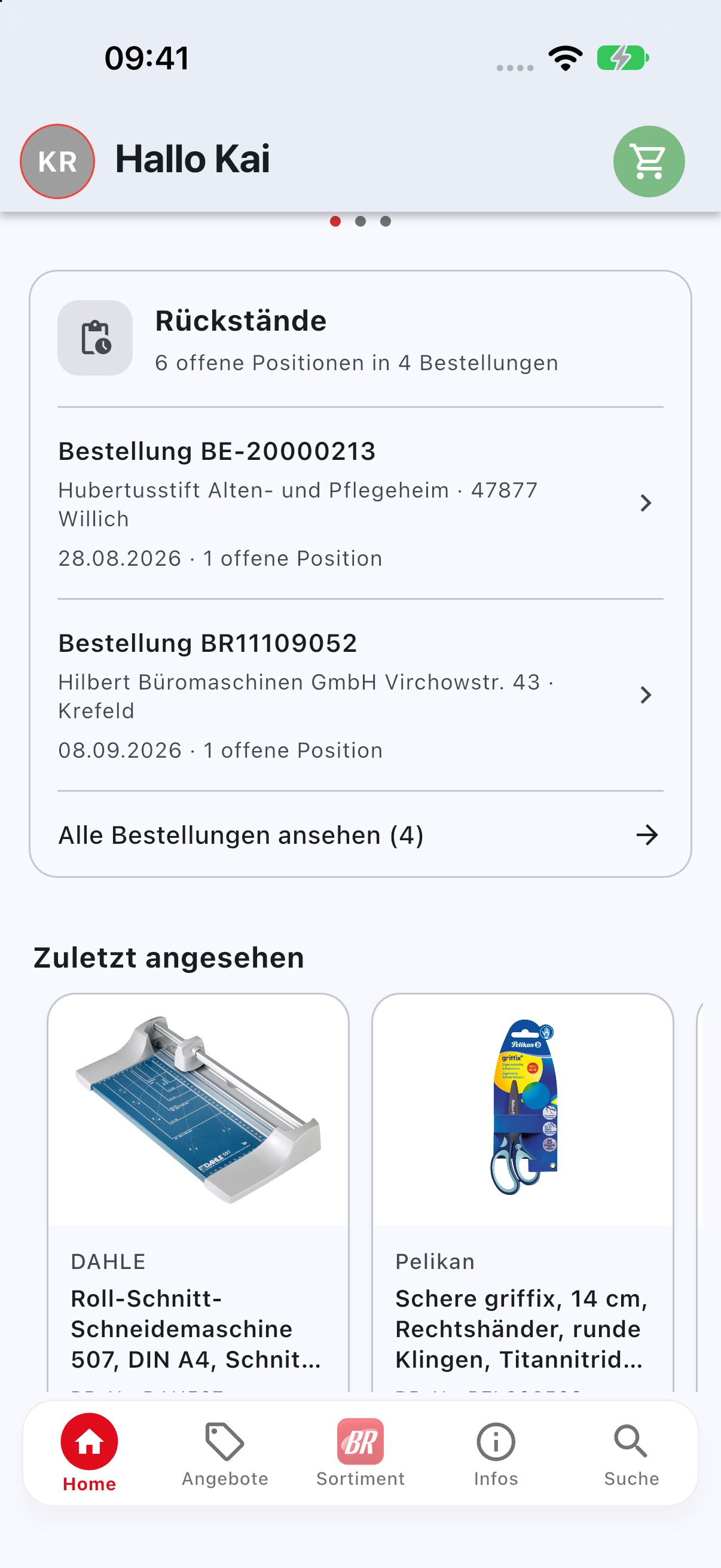 Dashboard mit Rückständen und zuletzt angesehenen Artikeln