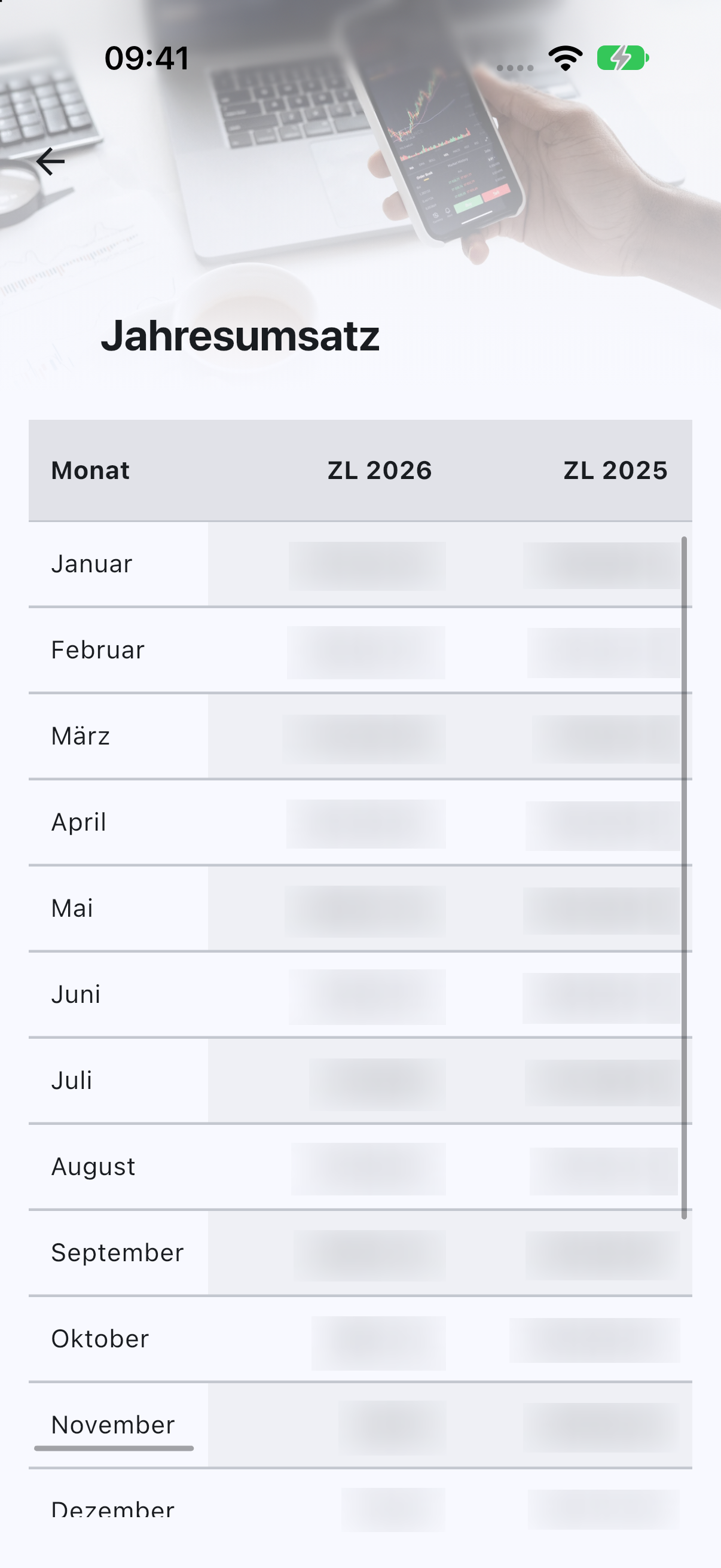 Jahresumsatz mit Vergleich zum Vorjahr und unscharfen Beträgen