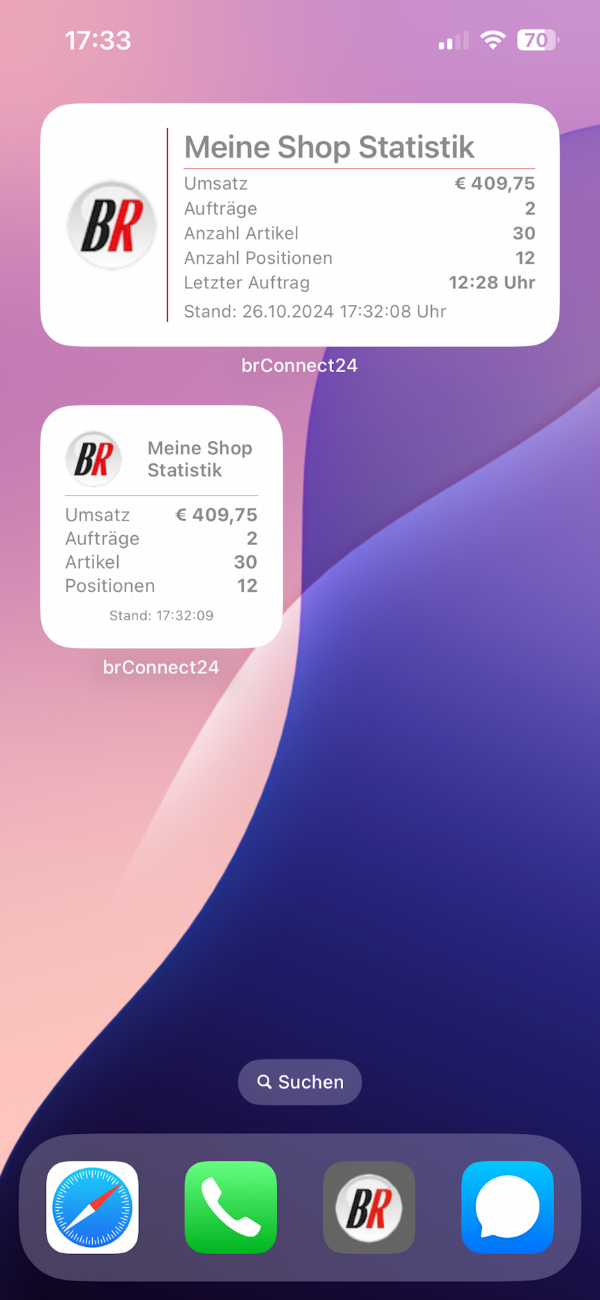 iOS-Homescreen mit brConnect24 Shop-Statistik-Widgets